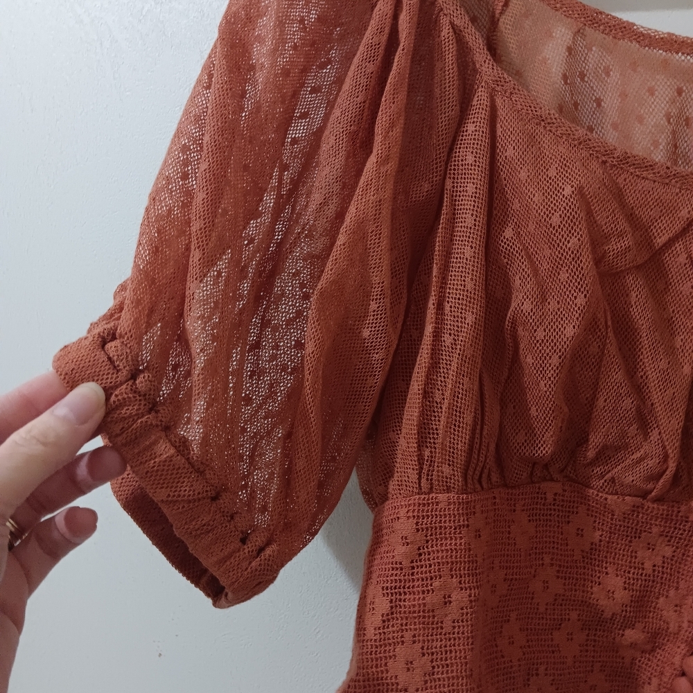 ↠ Free People Rose Rust Button Front Sheer Swiss Dot Puff Sleeve Top - Picture 3 of 8